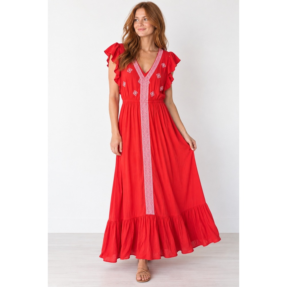 Moon River Red Embroidered Ruffle Sleeve V-Neck Tiered Midi Dress Womens Size M